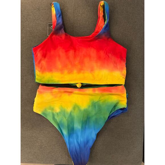 Zaful Size Large NWT 2 Piece Rainbow High Waist Knot Tankini Bathing Swim Suit - Picture 4 of 7